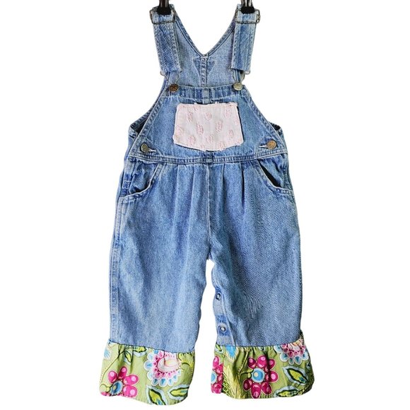 Vintage Y2K OshKosh B'gosh Vestbak UpCycled Overalls, Ruffle Bell Bottom, Sz 2T